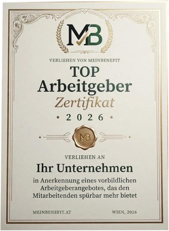 TOP Arbeitgeber Zertifikat 2026, verliehen von MeinBenefit an Ihr Unternehmen