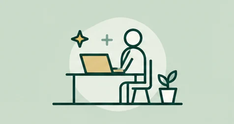 Illustration: Person am Schreibtisch mit Laptop, MeinBenefit für Firmenkunden