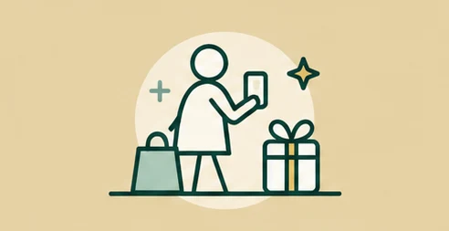 Illustration: Mitarbeiterin mit Smartphone, Einkaufstasche und Geschenk, Mitarbeiterbenefits